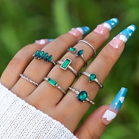 Geometric Green Square Ring Set with Irregular Cut Gems - 8 Pieces