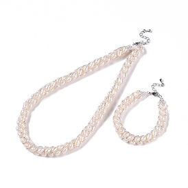 Natural Cultured Freshwater Pearl Beads Necklaces & Bracelets Jewelry Sets, with Brass Chains Jewelry for Women