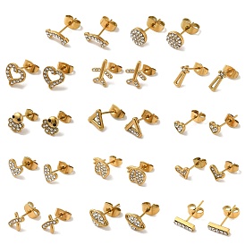 Planet/Heart/Rectangle/Butterfly/Airplane 304 Stainless Steel Crystal Rhinestone Stud Earrings for Women, Golden