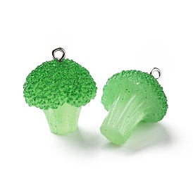 Opaque Resin Vegetables Pendants, Broccoli Charms, with Platinum Tone Iron Loops