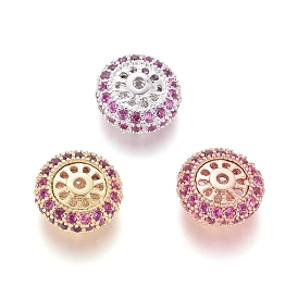 Brass Micro Pave Cubic Zirconia Spacer Beads, Flat Round, Deep Pink