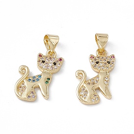 Rack Plating Brass Micro Pave Cubic Zirconia Pendants, Cadmium Free & Lead Free, Long-Lasting Plated, Cat Charm, Real 18K Gold Plated