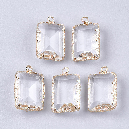 Glass Pendants, with Brass Findings, Faceted, Rectangle, Golden