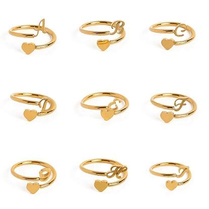 Brass Heart with Initial Letter Open Cuff Ring for Women, Golden