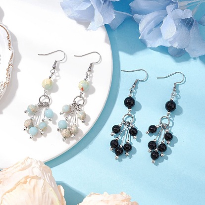 2 пары сережек-подвесок из синтетической аква-терра-яшмы и натурального черного оникса, с 304 нержавеющей стали серьги крючки, круглые, платина