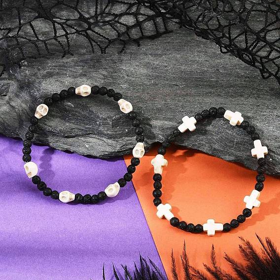 2Pcs Natural Lava Rock & Synthetic Turquoise Beads Stretch Bracelets for Men Women, Skull & Cross