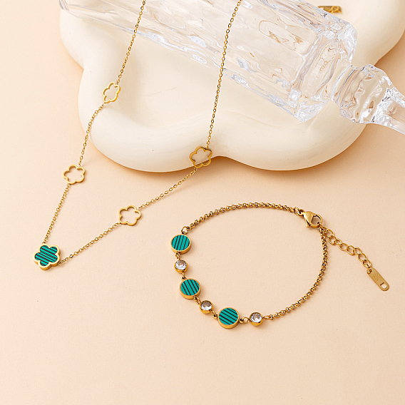 Элегантный 201 комплект украшений из нержавеющей стали, браслеты и ожерелья с цветочным узором из плоских круглых звеньев и кубических цирконий