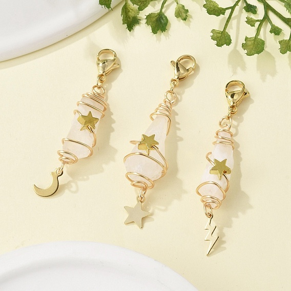 Подвесные украшения из гальванизированного натурального кварцевого кристалла в виде проволоки, с подвесками в виде луны, звезд и молний из нержавеющей стали и застежками-лобстерами