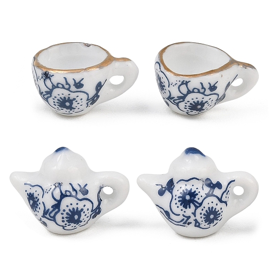 Handmade Porcelain Pendants, Printed, Teapot/Teacup with Floral Pattern Charms