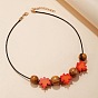Collares de madera con cuentas redondas y en forma de hoja de arce, con cordón de imitación de cuero negro., dorado