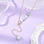 Natural Larimar Round Pendant Brass Cable Chain Lariat Y Necklaces with Natural Pearl for Women