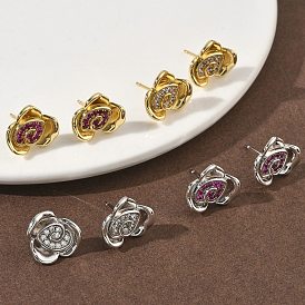 Серьги-гвоздики из латуни с микропаве из кубических цирконий в форме цветка розы, стойки покрытие, долговечный, без кадмия и без свинца