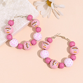 Браслеты из дерева и железных бусин с принтом для женщин, круглые