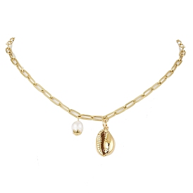 Natural Freshwater Pearl & Electroplated Shell Pendant Necklaces, 304 Stainless Steel Paperclip Chain Necklaces for Women