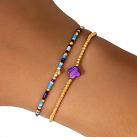 2шт. 2 стили браслетов из стеклянных и латунных бусин, эластичные браслеты, Браслеты с подвесками в виде клевера из натуральной ракушки для женщин