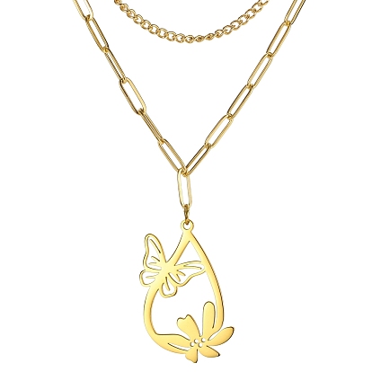 Collares con colgante en forma de lágrima y flor de mariposa de acero inoxidable de doble capa para mujer
