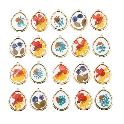 Alloy Resin Pendants, Teardrop Charms, with Dried Flower