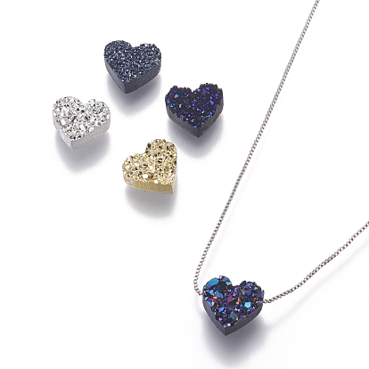 Brass Pendant Necklaces, with Druzy Resin and Box Chains, Heart