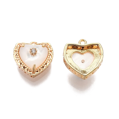 Ion Plating(IP) Brass Micro Pave Clear Cubic Zirconia Charms, with Shell, Nickel Free, Heart