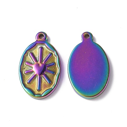 Ion Plating(IP) 304 Stainless Steel Pendants, Oval with Heart Charm