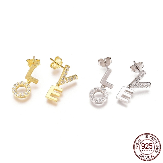 925 Sterling Silver Dangle Stud Earrings, Asymmetrical Earrings, with Clear Cubic Zirconia and Ear Nuts, with S925 Stamp, Word Love