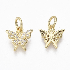 Brass Micro Pave Cubic Zirconia Charms, with Jump Ring, Nickel Free, Butterfly, Clear