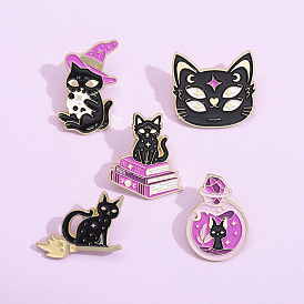 Cartoon Witch Black Cat with Book/Broom/Bottle Enamel Pins, Golden Alloy Brooch for Women