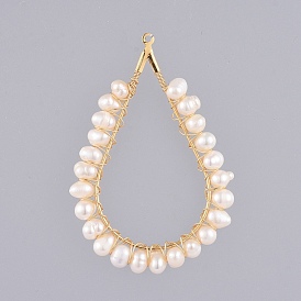 Natural Cultured Freshwater Pearl Pendants, with Copper Wire and 304 Stainless Steel Findings, Teardrop