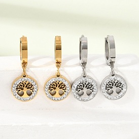304 Stainless Steel & Porcelain Clay Crystal Rhinestone Hoop Dangle Earrings, Flat Round with Tree of Life Pattern
