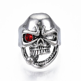Gothic Punk Skull with Cigarette Alloy Open Cuff Ring with Rhinestone for Men Women, Cadmium Free & Lead Free, Antique Silver