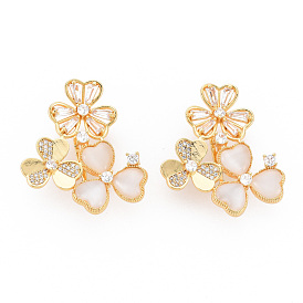 Brass Micro Pave Clear Cubic Zirconia Twister Clasps, with Shell, Nickel Free, Flower