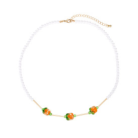 Minimalist Handmade Beaded Imitation Pearl Glass Persimmon Necklace for Women