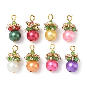 Baking Paint Pearlized Glass Pearl Pendants, Round, with Glass Seed Beads & Golden Iron Loop