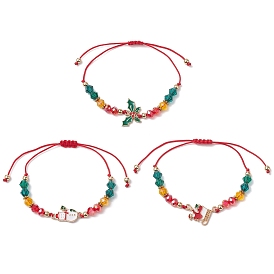 3Pcs 3 Styles Christmas Glass Braided Bead Bracelet Sets, Snowman & Holly Leaves & Santa Claus Alloy Enamel Adjustable Stackable Bracelets for Women