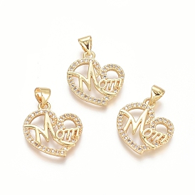 Brass Micro Pave Clear Cubic Zirconia Pendants, Heart with Word MOM, For Mother's Day