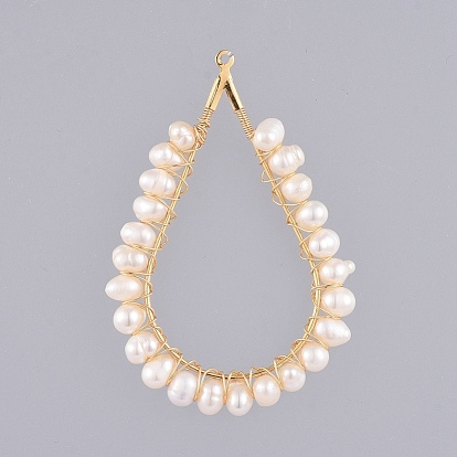 Natural Cultured Freshwater Pearl Pendants, with Copper Wire and 304 Stainless Steel Findings, Teardrop