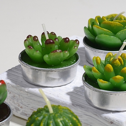 Cactus Paraffin Smokeless Candles, Artificial Succulents Decorative Candles, with Aluminium Containers, for Home Decoration
