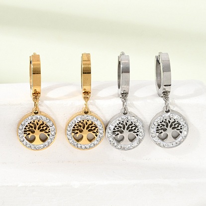 304 Stainless Steel & Porcelain Clay Crystal Rhinestone Hoop Dangle Earrings, Flat Round with Tree of Life Pattern