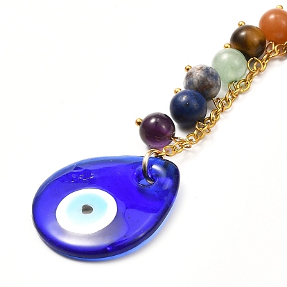 Natural Mixed Stone with Evil Eye Lampwork Keychain, with 304 Stainless Steel Split Key Rings, Teardrop