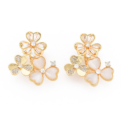 Brass Micro Pave Clear Cubic Zirconia Twister Clasps, with Shell, Nickel Free, Flower