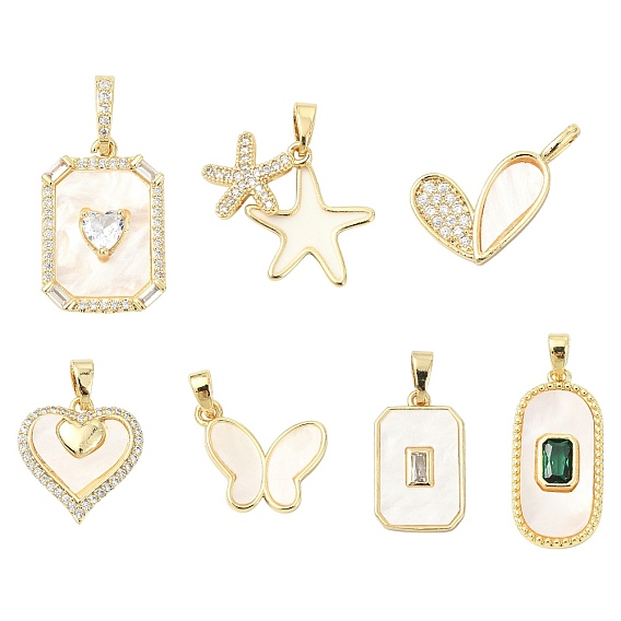 7 шт. 7 стили латунные подвески-ракушки с паве, с целью перехода в кольце, разнообразные