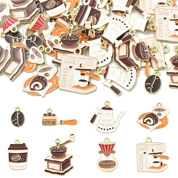 40Pcs 8 Styles Alloy and Enamel Pendants, Coffee Bean Charms, Golden