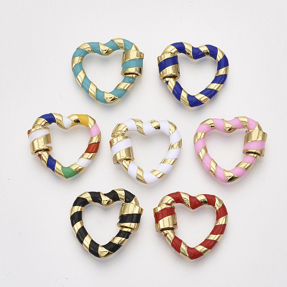 Golden Brass Screw Carabiner Lock Charms, for Necklaces Making, Quick Links, with Enamel, Nickel Free, Heart