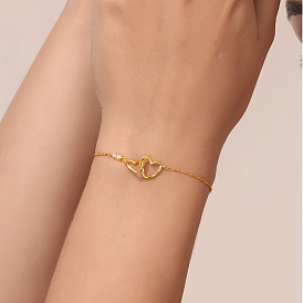 European Style 925 Sterling Silver Double Heart Link Bracelets, Cable Chain Bracelets for Women, with Cubic Zirconia