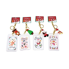 Christmas Themed Plastic Keychain Card Sleeve, with Keychain Clasp and Silicone Charms, for Bus Pass Work Badge Card Holders