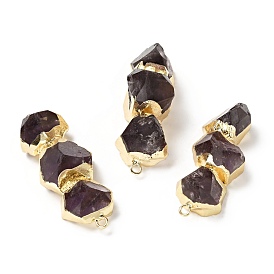 Natural Amethyst Connector Charms, with Light Gold Tone Brass Findings, Cadmium Free & Lead Free, Triple Nuggets