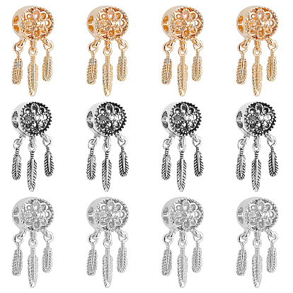 Alloy European Beads, Large Hole Beads, with CCB Plastic Feather Charms, Woven Net/Web with Feather