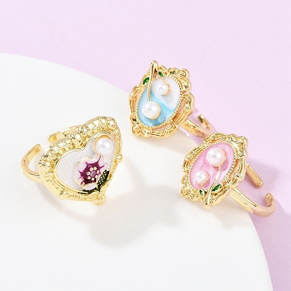 Латунные эмалевые цветочные манжеты, с абс пластмассовой имитационной жемчужиной, реальный 18 k позолоченный, стойки покрытие, долговечный, без кадмия и без свинца