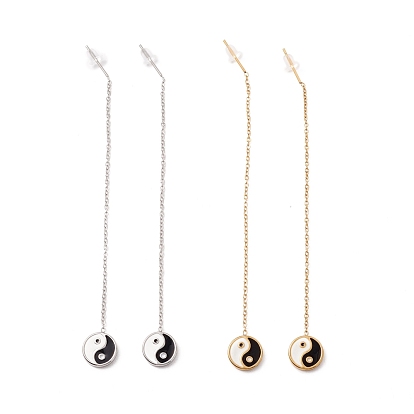 Long Chain with Enamel Yin Yang Dangle Stud Earrings, 304 Stainless Steel Ear Thread for Women