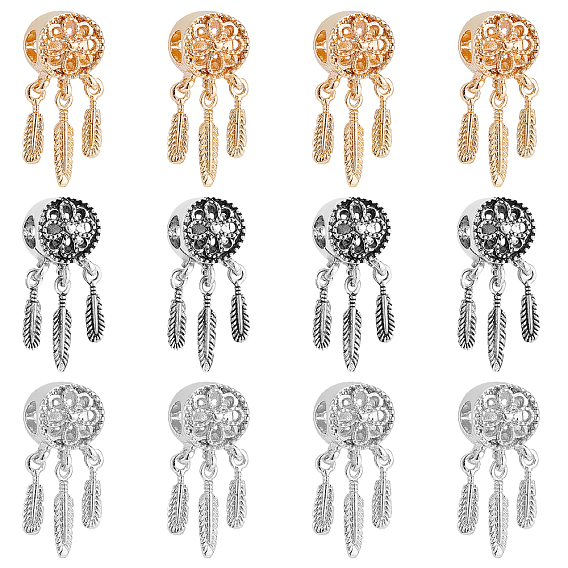 Alloy European Beads, Large Hole Beads, with CCB Plastic Feather Charms, Woven Net/Web with Feather